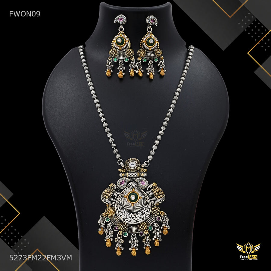 Matte Gold Elephant Motif Long Pendant Set for women - FWON09