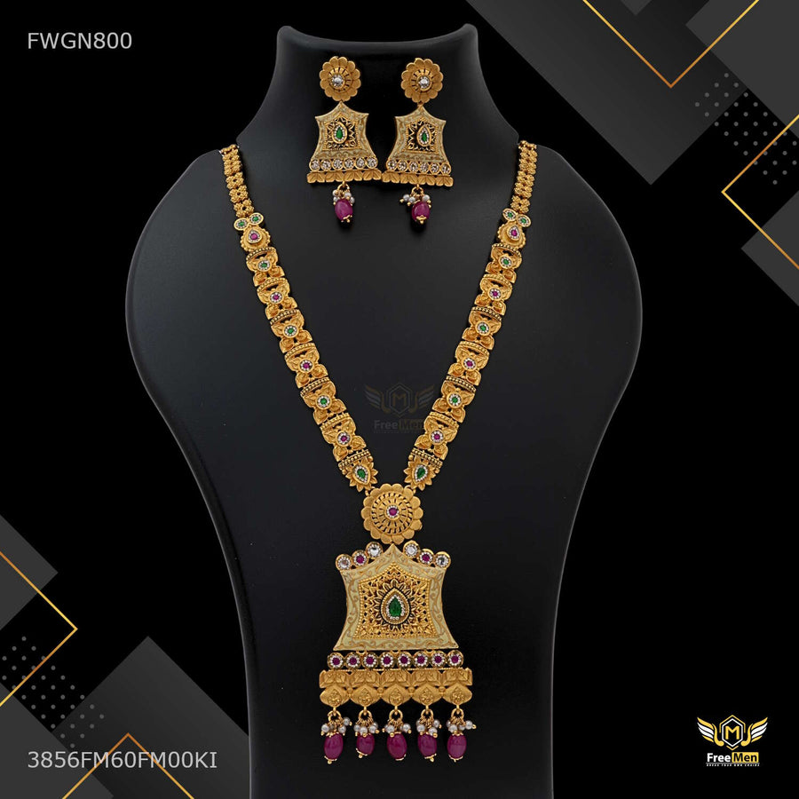 Antique Flower with Colorfull AD Long Set for women - FWGN800