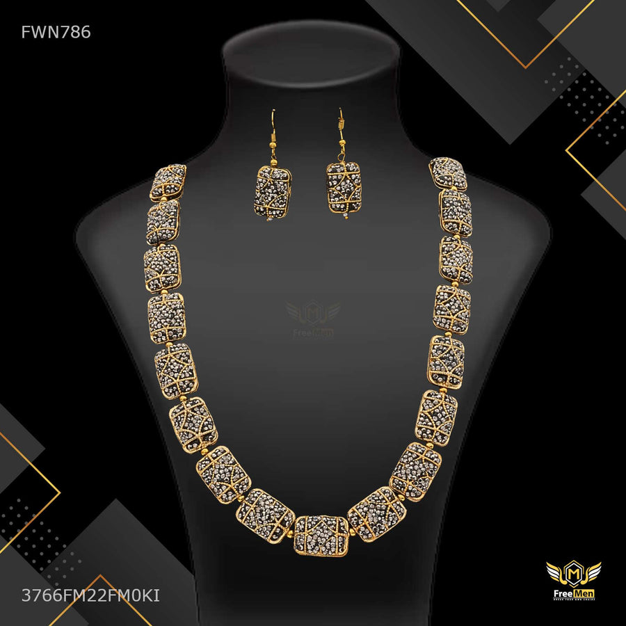 Antique Mini Black AD Necklace with earring for women - FWN786