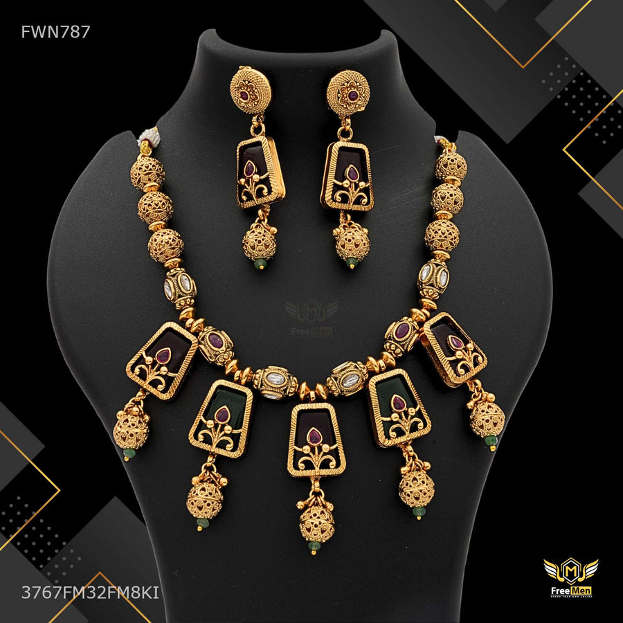 Antique Mini AD Ball Necklace with earring for women - FWN787