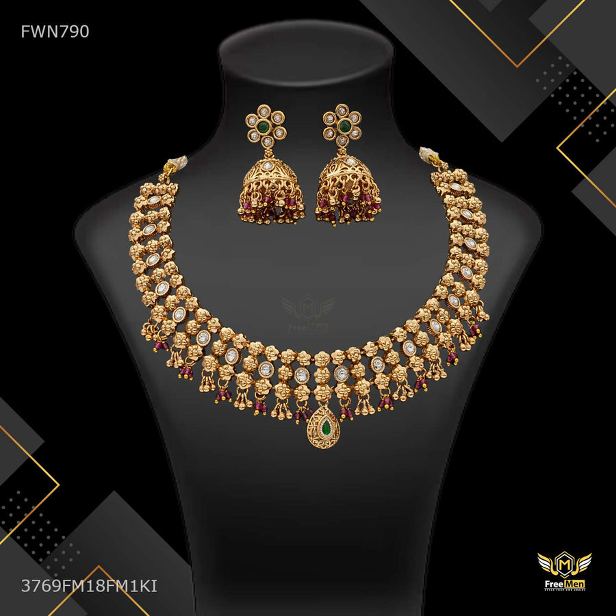 Antique Mini Flower and Mini AD Necklace with earring for women - FWN790