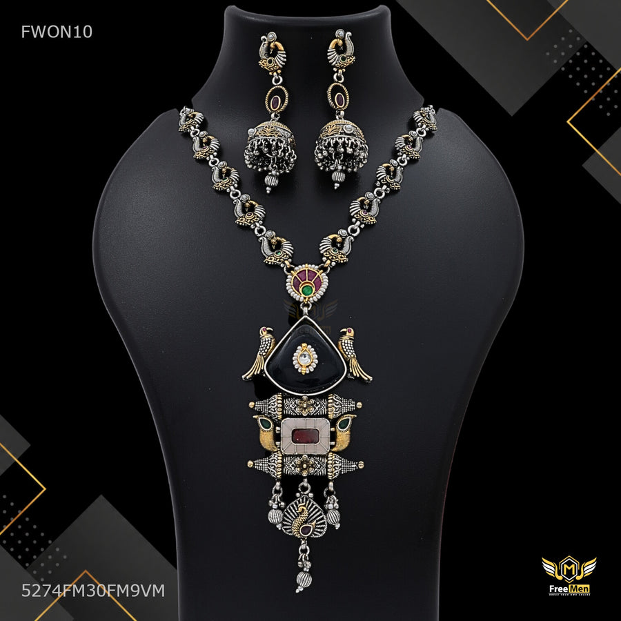 Antique Peacock Long Haram Necklace Set for women - FWON10