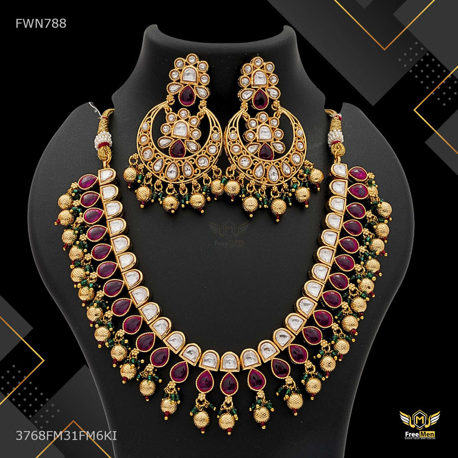 Antique Pink with White AD Necklace with earring for women - FWN788