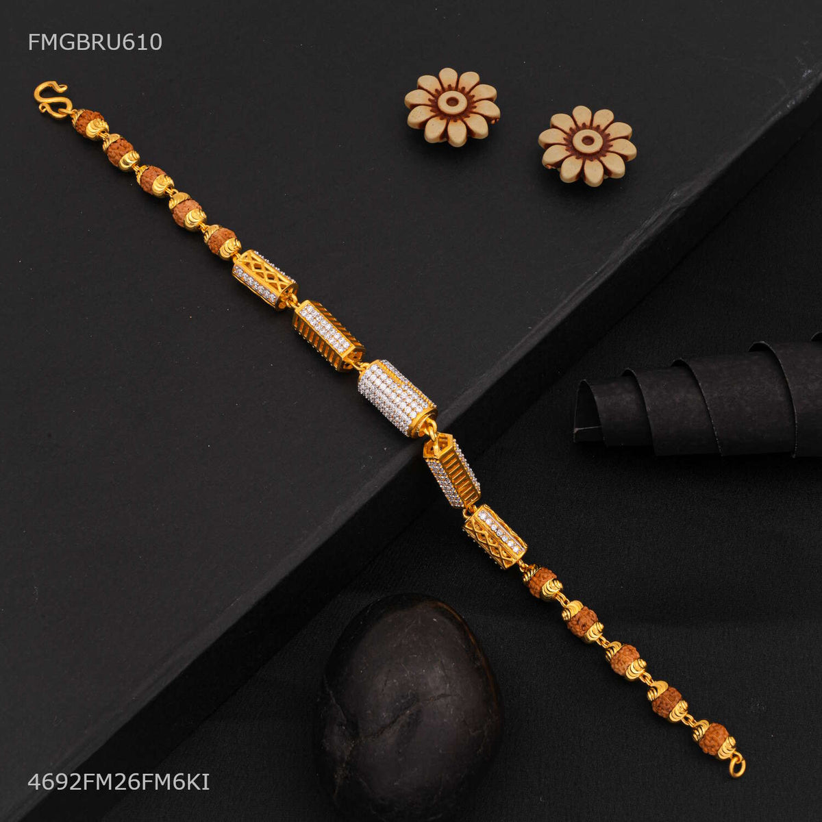 Designer AD Studded cylindrical barrel rudraksha Bracelet For Men- FMGBRU610