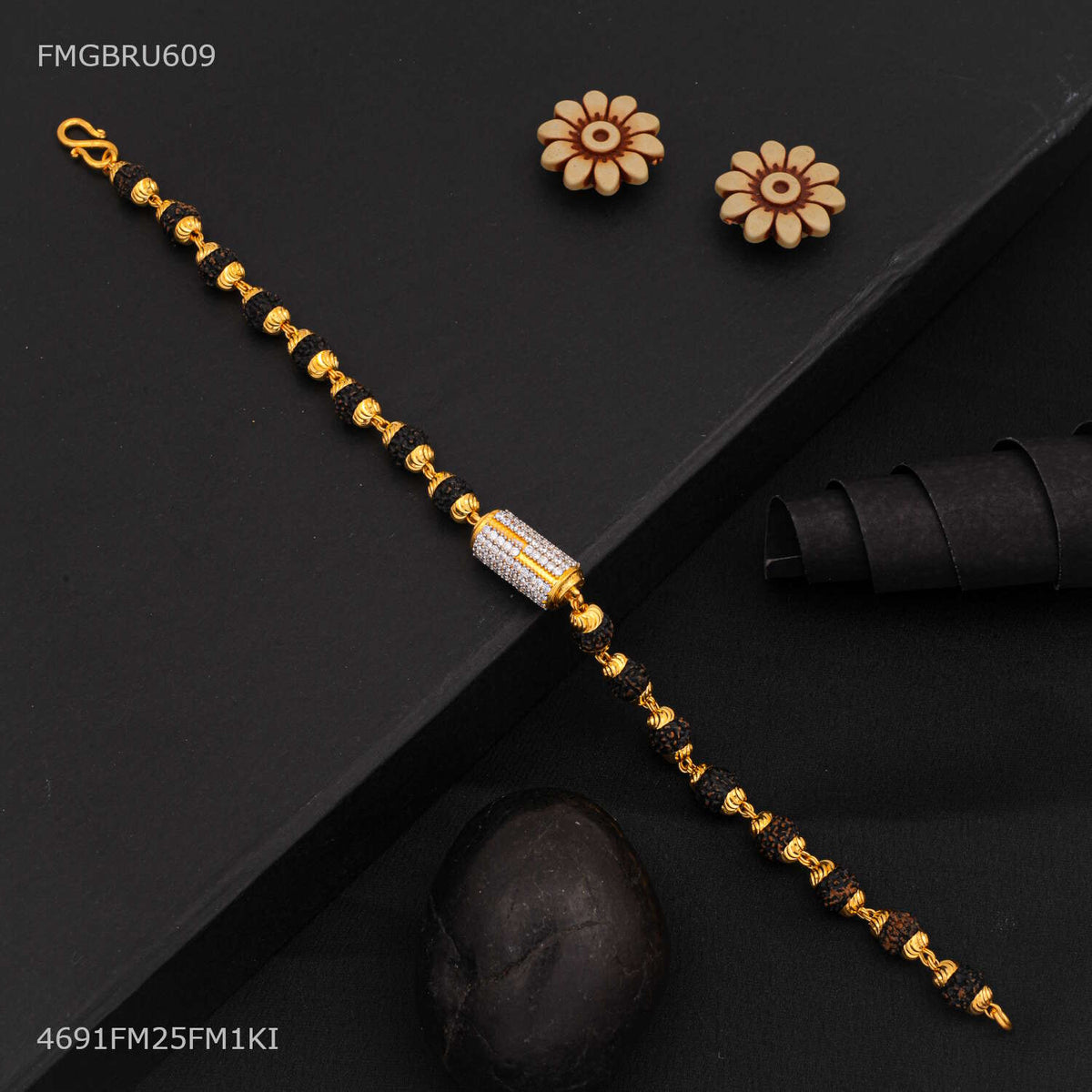 Designer Diamond studded pipe charm with rudraksha Bracelet For Men- FMGBRU609
