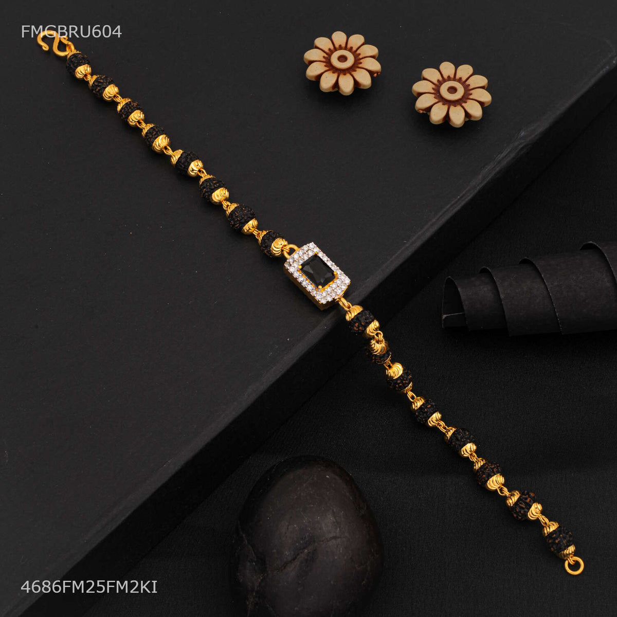 Designer Majestic Black Stone with rudraksha Bracelet For Men- FMGBRU604