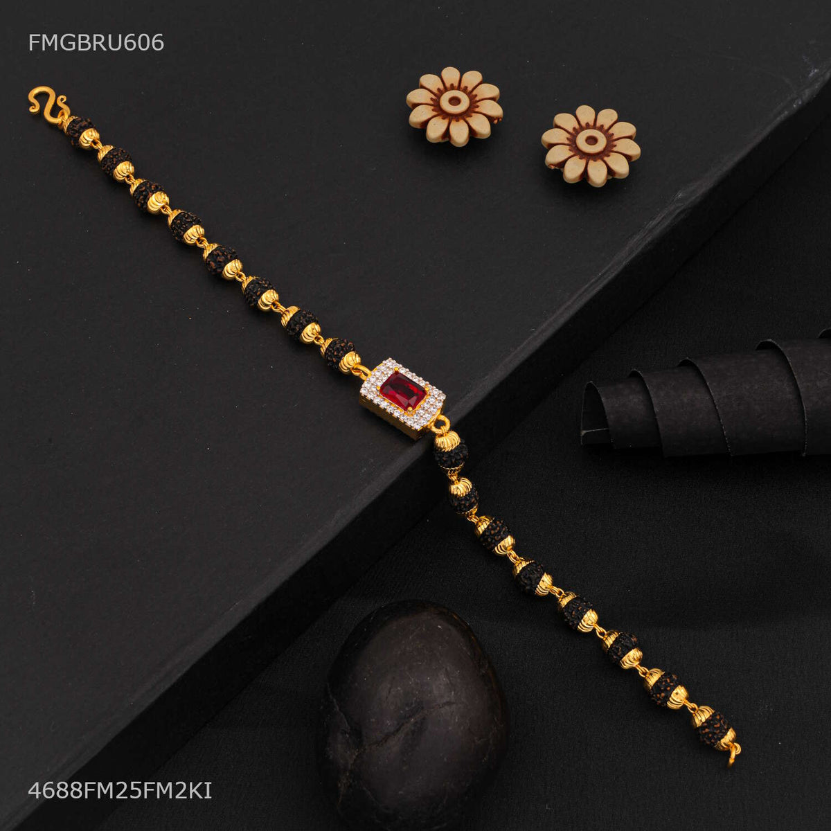 Designer Majestic Red Stone with rudraksha Bracelet For Men- FMGBRU606