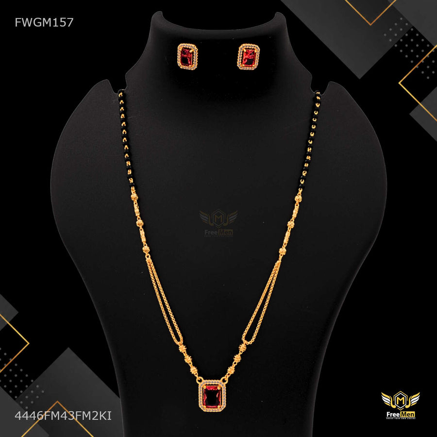 Designer Red Squar Stone with  Mangalsutra and Earing For women - FWGM157