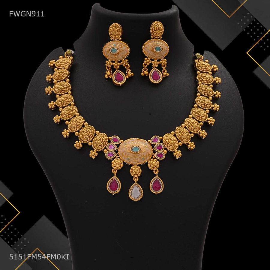 Designer Royal Pink Stone Necklace for women -FWGN911