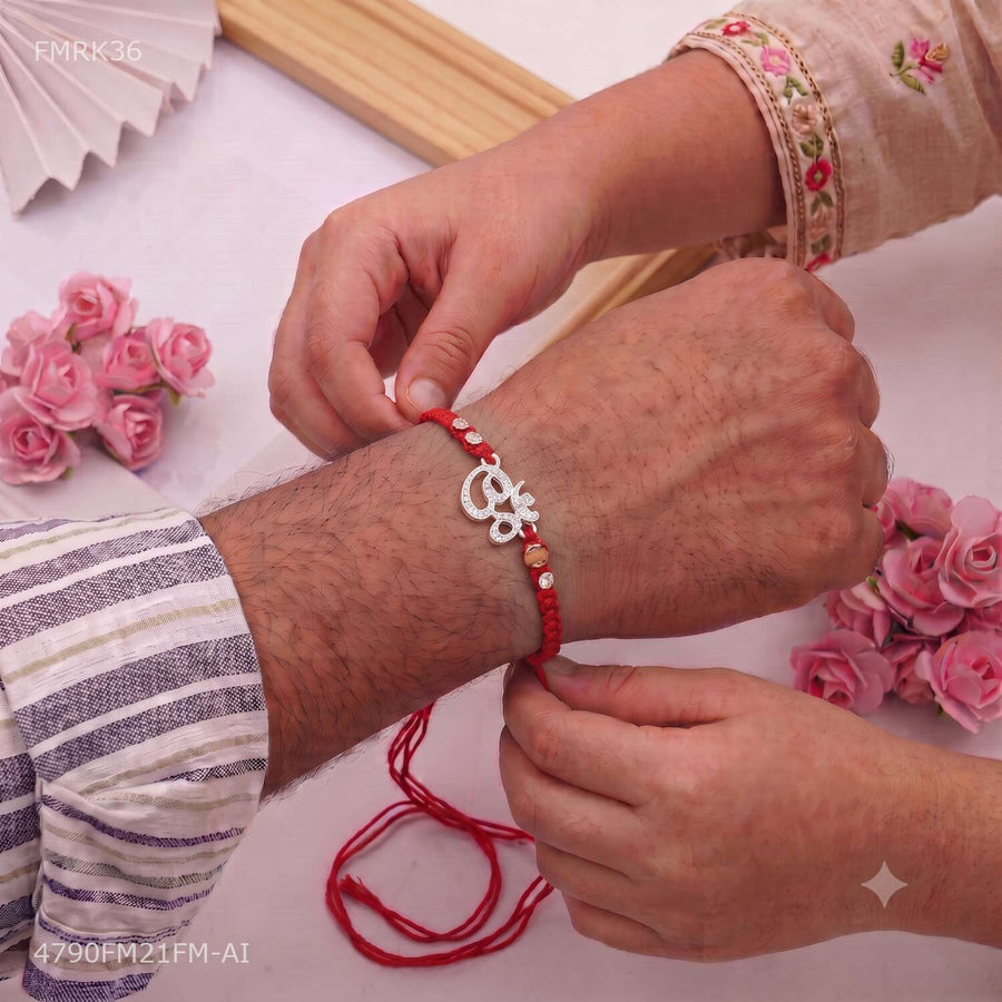 Designer Silver with AD OM Rakhi for man