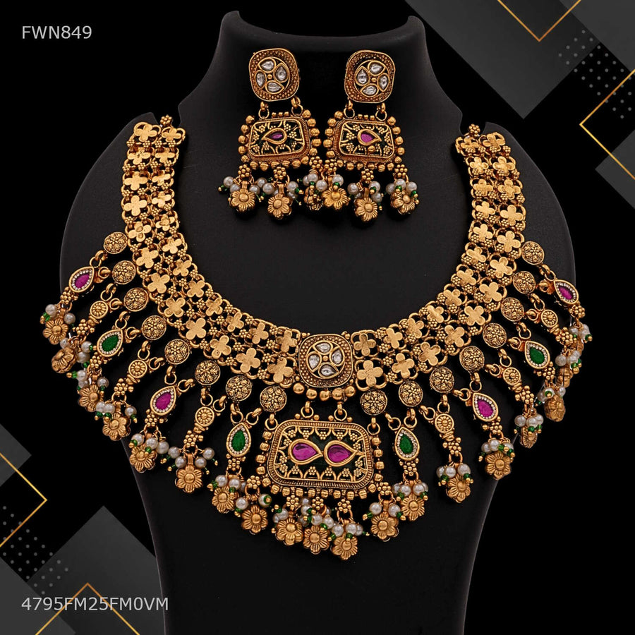 Designer Squar cut Antique Necklace Set for women - FWN849
