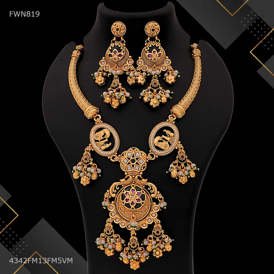 Designer Texture with Moti Antique Necklace Set for women - FWN819