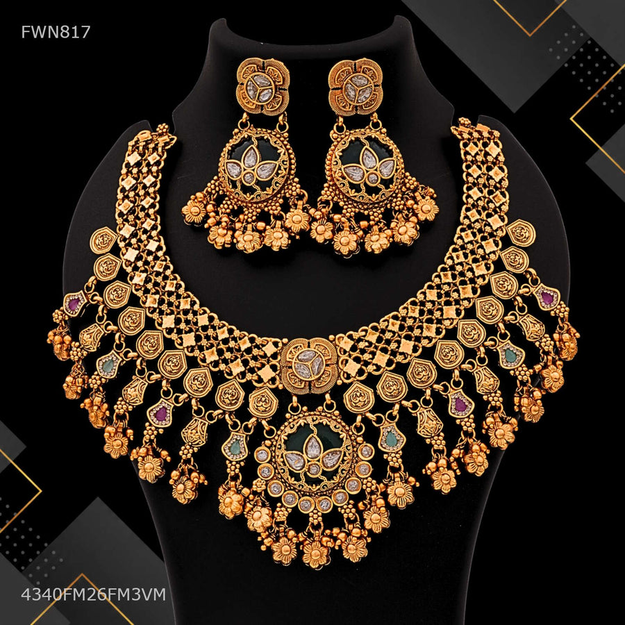 Three Step Round Flower Texture Antique Necklace Set for women - FWN817