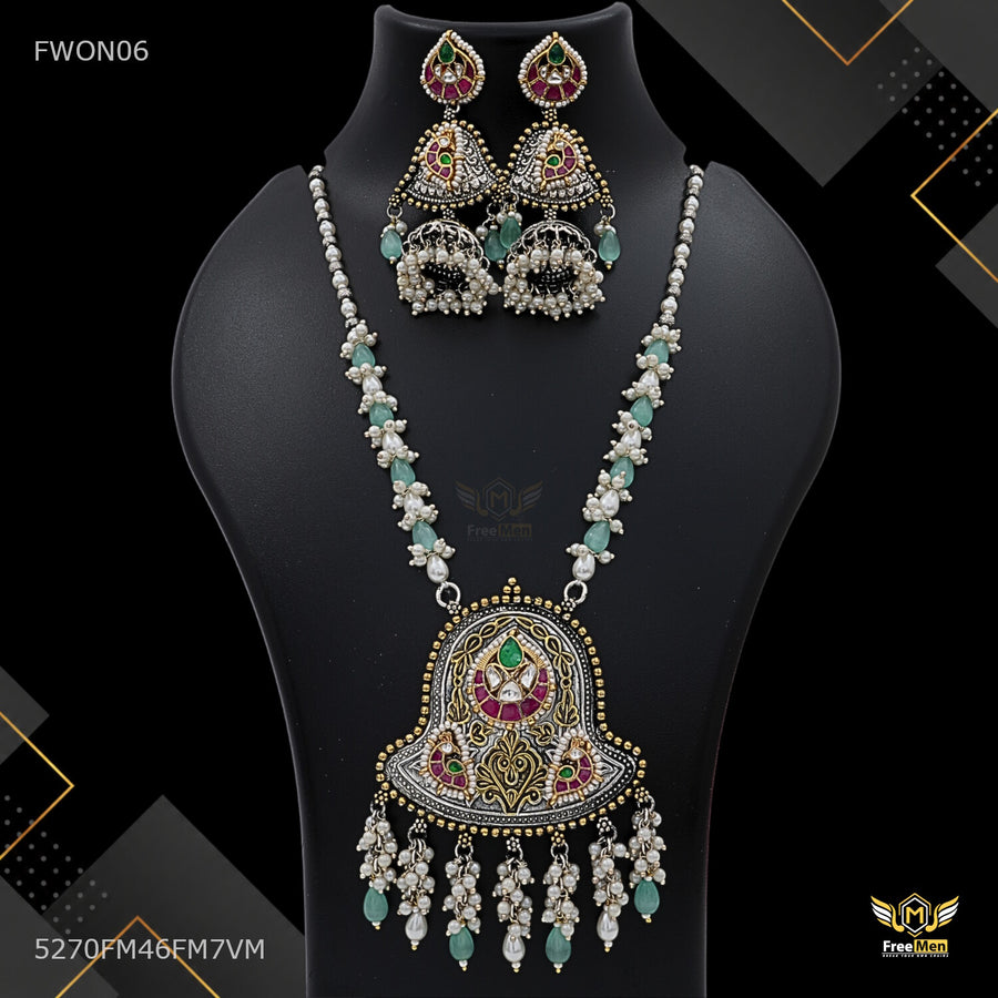 Vintage Dual Finish Jadau Statement Haar Set for women - FWON06